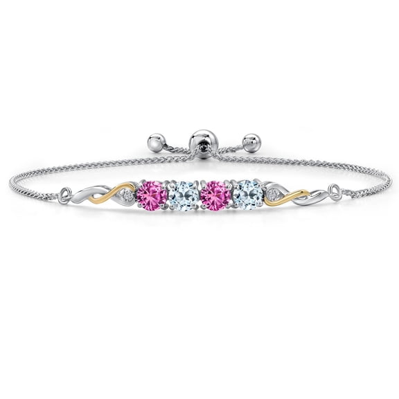 925 Silver and 10K Yellow Gold Pink Created Sapphire and Sky Blue Topaz and White Lab Grown Diamond Bracelet for Women | 2.52 Cttw | Gemstone September Birthstone | Round 5MM | Fully Adjustable 9 inch