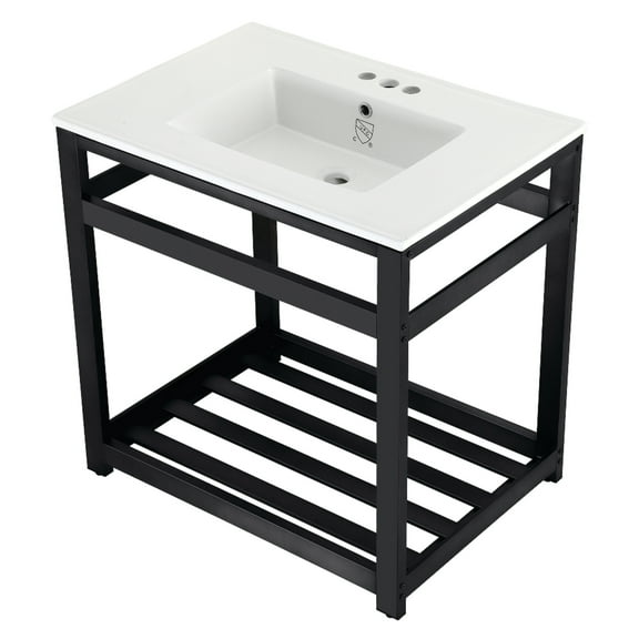 Kingston Brass VWP3122W4A0 Quadras 31" Ceramic Console Sink with Steel Base and Shelf (4-Inch, 3-Hole), White/Matte Black