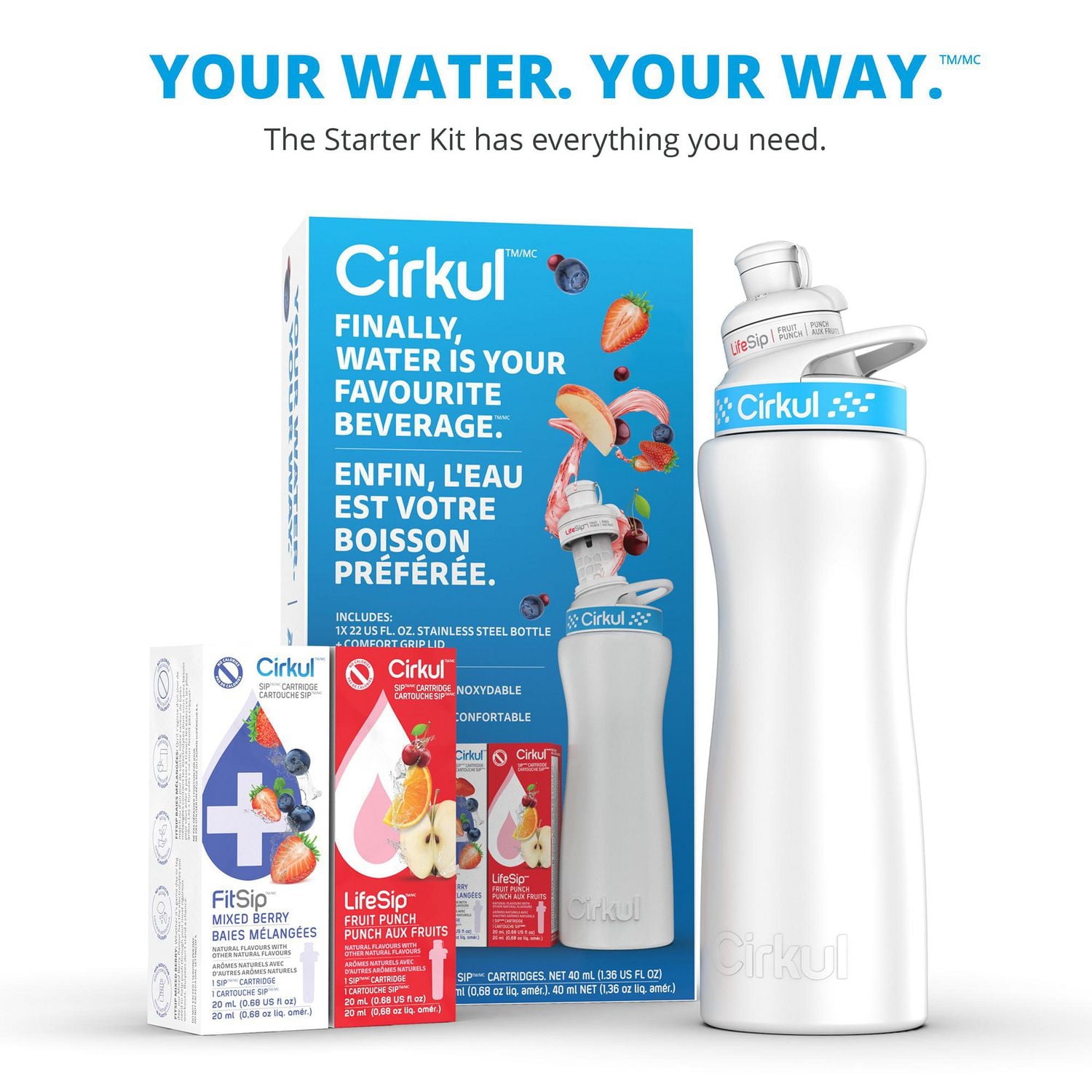 Cirkul 22oz White Stainless Steel Water Bottle Starter Kit with Blue Lid and 2 Flavour Cartridges (Fruit Punch & Mixed Berry)