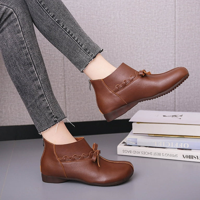 Women Oxford Ankle Boots Flat Shoes Retro Leather Shoes 
