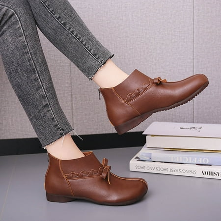

HAOTAGS Women s Ankle Boots Low Heel Vintage Bowknot Back Zipper Womens Dressy Shoes Brown Size 4.5