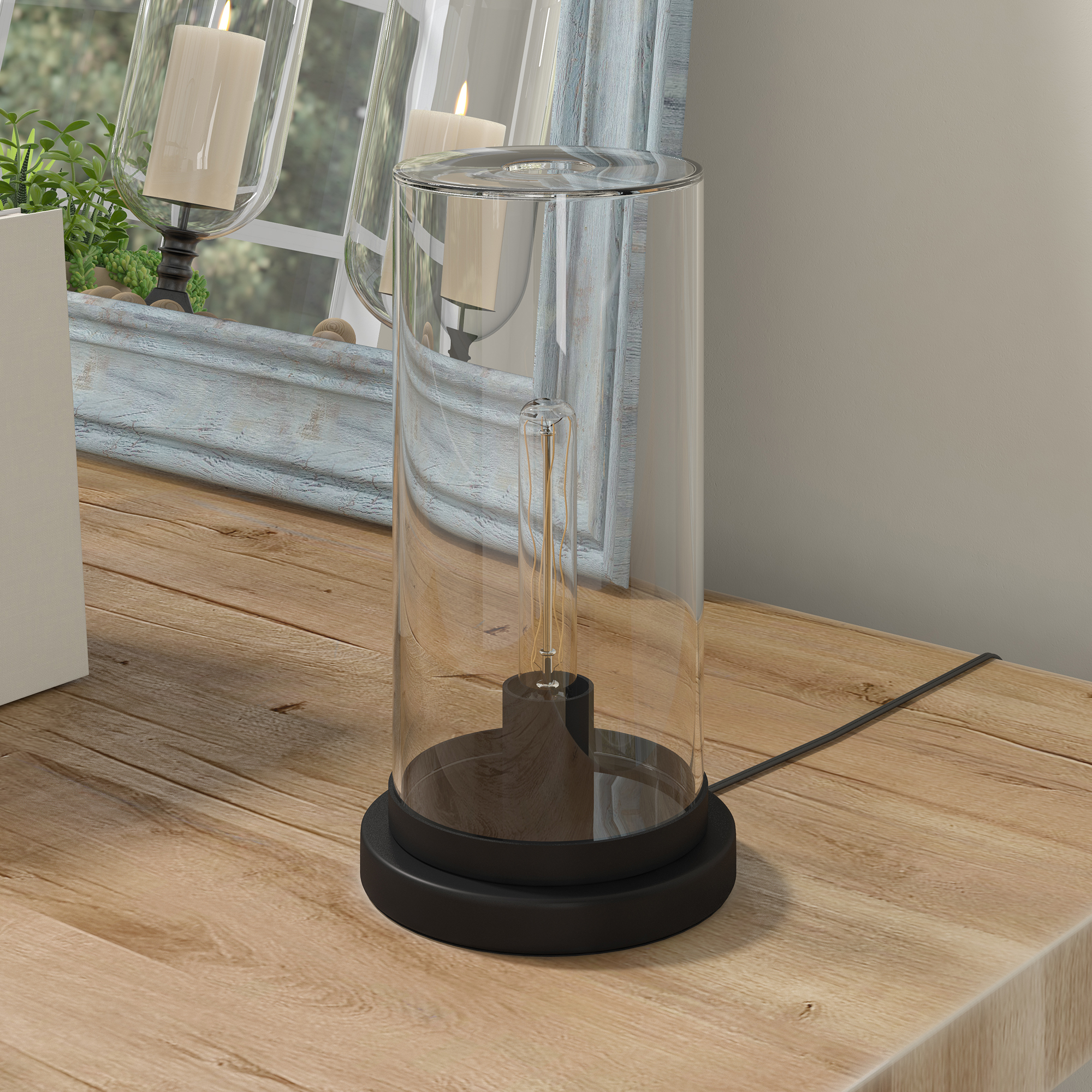 Evelyn&Zoe Perabo 13" Tall Uplight Mini Lamp with Glass Shade, Blackened Bronze/Clear