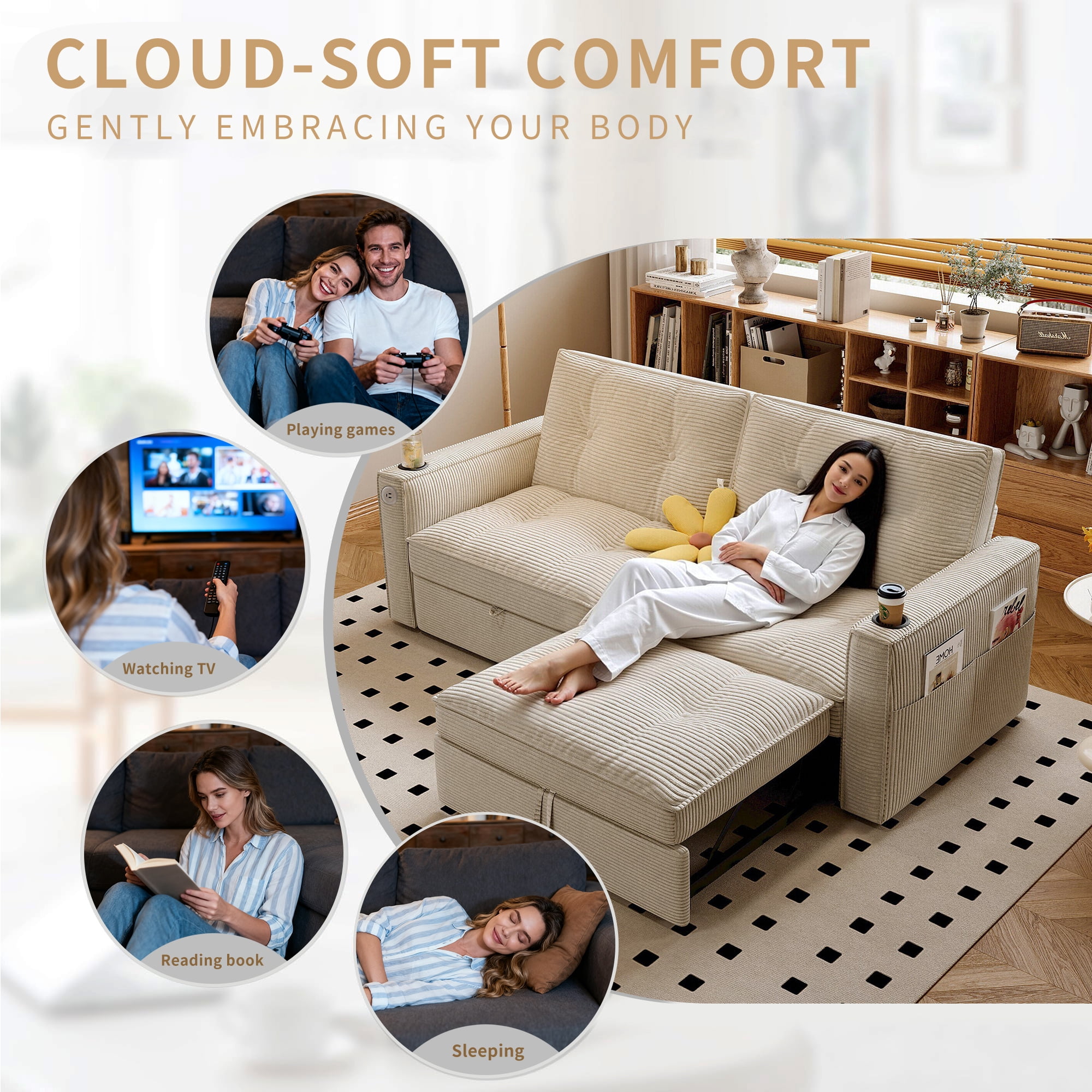3-in-1 Multi-Functional Sleeper Sofa Bed, Upholstered Corduroy Convertible Loveseat Lounge, Indoor Daybed for Living Rooms/Bedrooms