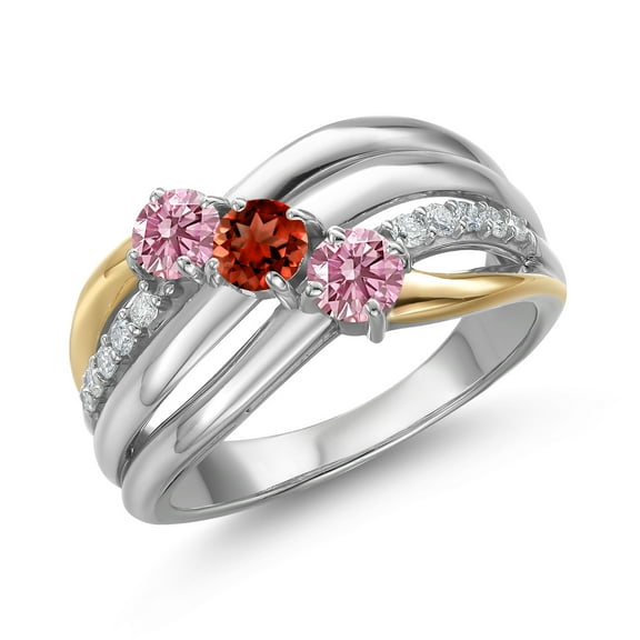Gem Stone King 925 Silver and 10K Yellow Gold Pink Lab Grown Diamond and Red Garnet and Lab Grown Diamond Engagement Ring for Women | 1.02 Cttw | Round 4MM | April Birthstone | Size 5