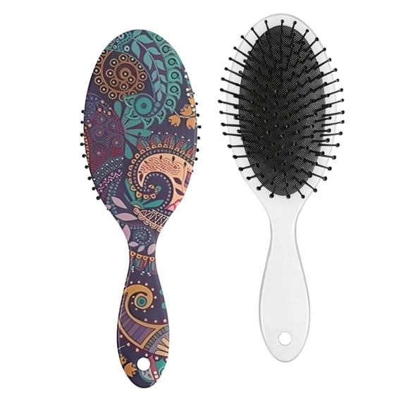 Aesthetic Hair Brush with Tribal Retro Style, Rustic Folk Paddle Comb with Artistic Floral Pattern for Gifts