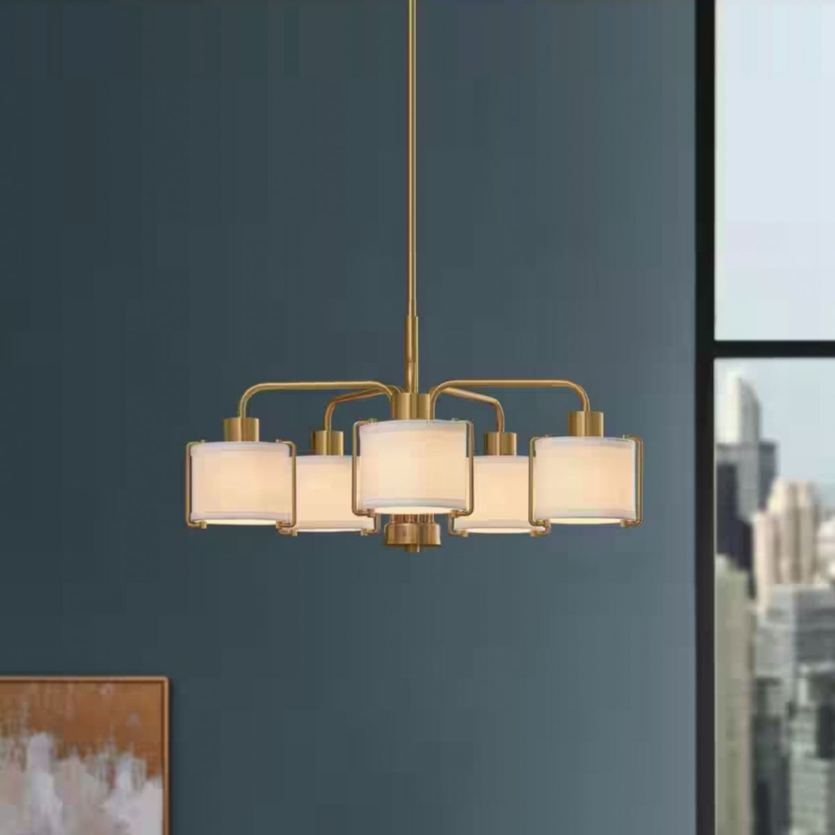 Ceybo 5-Light Brushed Gold Shaded Chandelier with White Fabric Shades