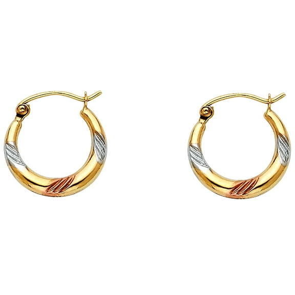 14k Tri-Color Gold Fancy Hollow Hoop Earrings, (15mm X 15mm)