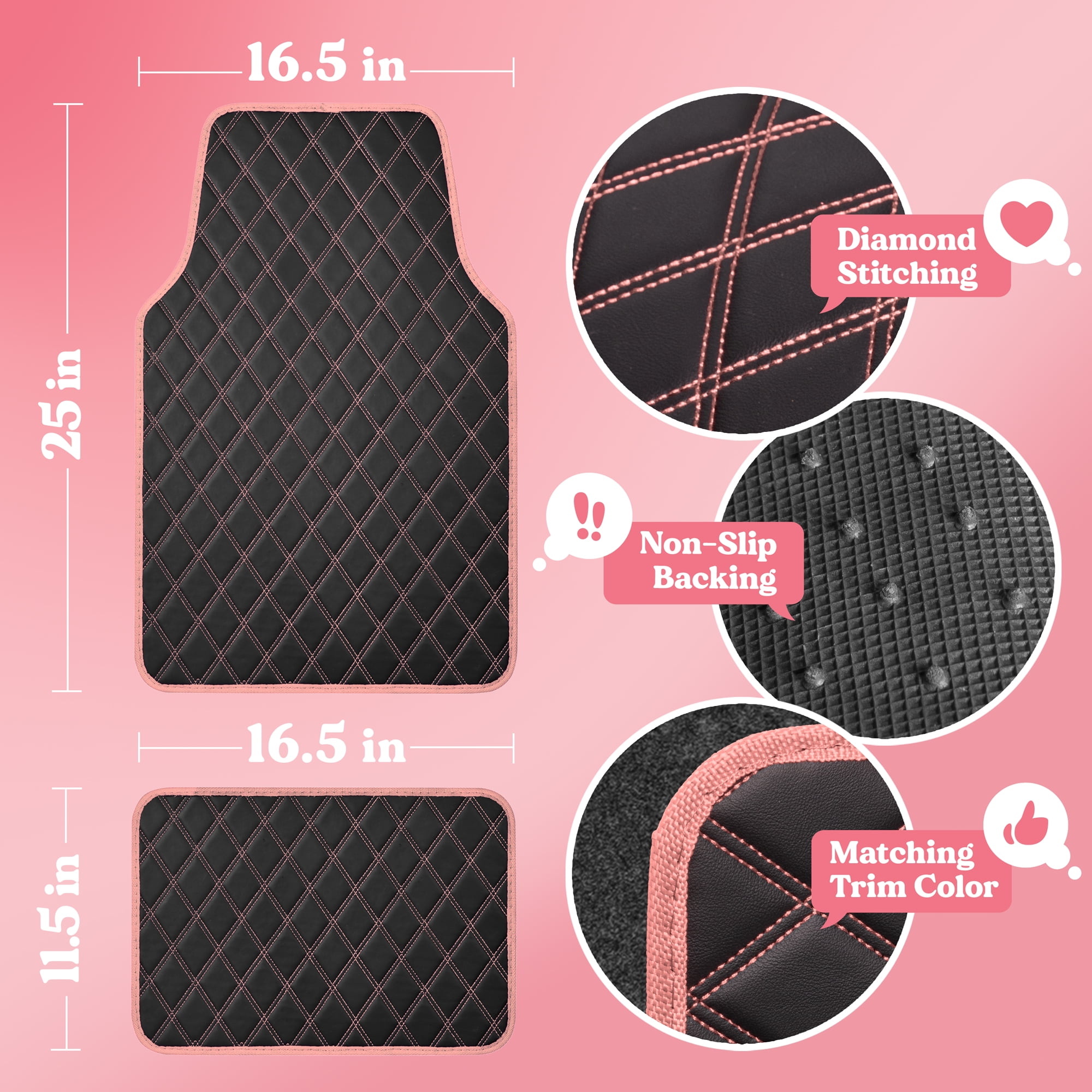 Carbella DiamondLuxe Car Floor Mats, Stylish Faux Leather Car Mats with Diamond Stitched Detail and Matching Taping, Universally Sized All-Weather Floor Mats for Cars Trucks SUV, Full Set (Pink)