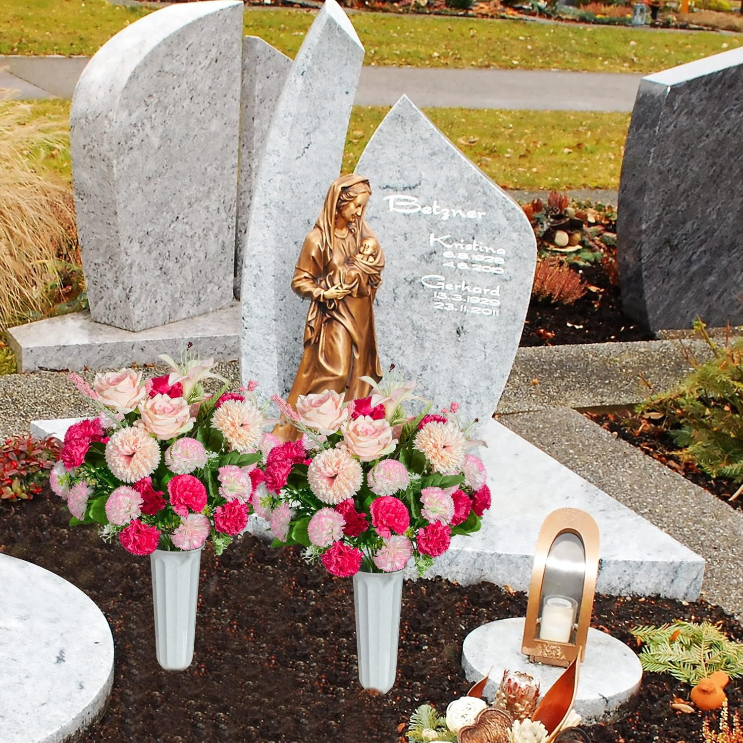 Cemetery Flowers, Set of 2 Artificial Carnation Bouquet Grave Memorial Flowers with Vase for Cemetery Headstones Decoration (Carnation)