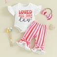 thumbnail image 2 of Bagilaanoe 3pcs Newborn Baby Girl Pants Set Letter Print Short Sleeve Rompers Tops + Stripe Flare Trousers + Headband 3M 6M 9M 12M Infant Casual Clothes, 2 of 8