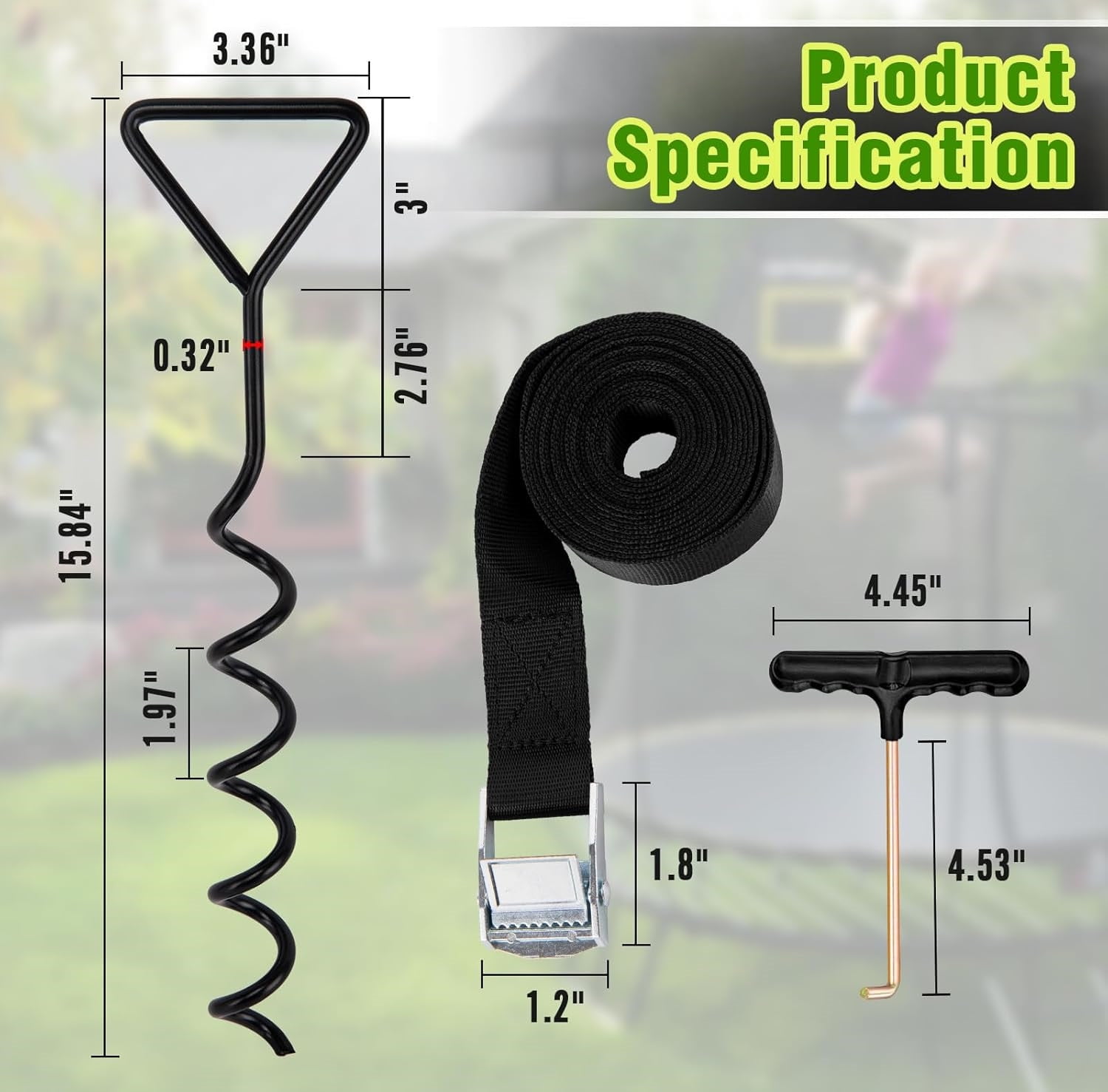 Meilimei 4-Pack Corkscrew Shape Steel Trampoline Stakes Anchors, Heavy-Duty Spiral Ground Anchors Kit with Straps, Black Galvanized Windproof Stabilizers for Trampoline, Outdoor Tent, Canopy Security