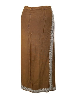 Mogul Women Maxi Skirt Floral Embroidered Brown Rayon Comfy Cover up Skirts