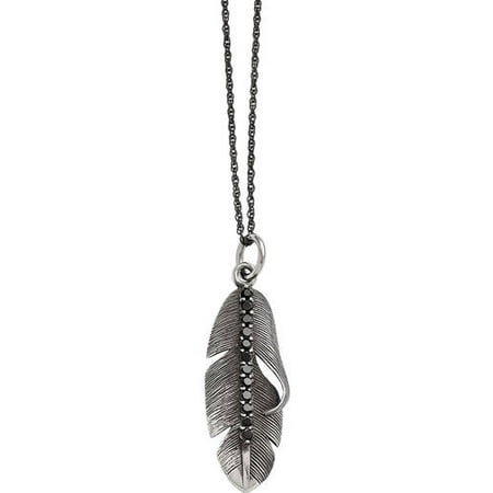Primal Steel Black CZ Stainless Steel Polished/Antiqued Feather Necklace, 20