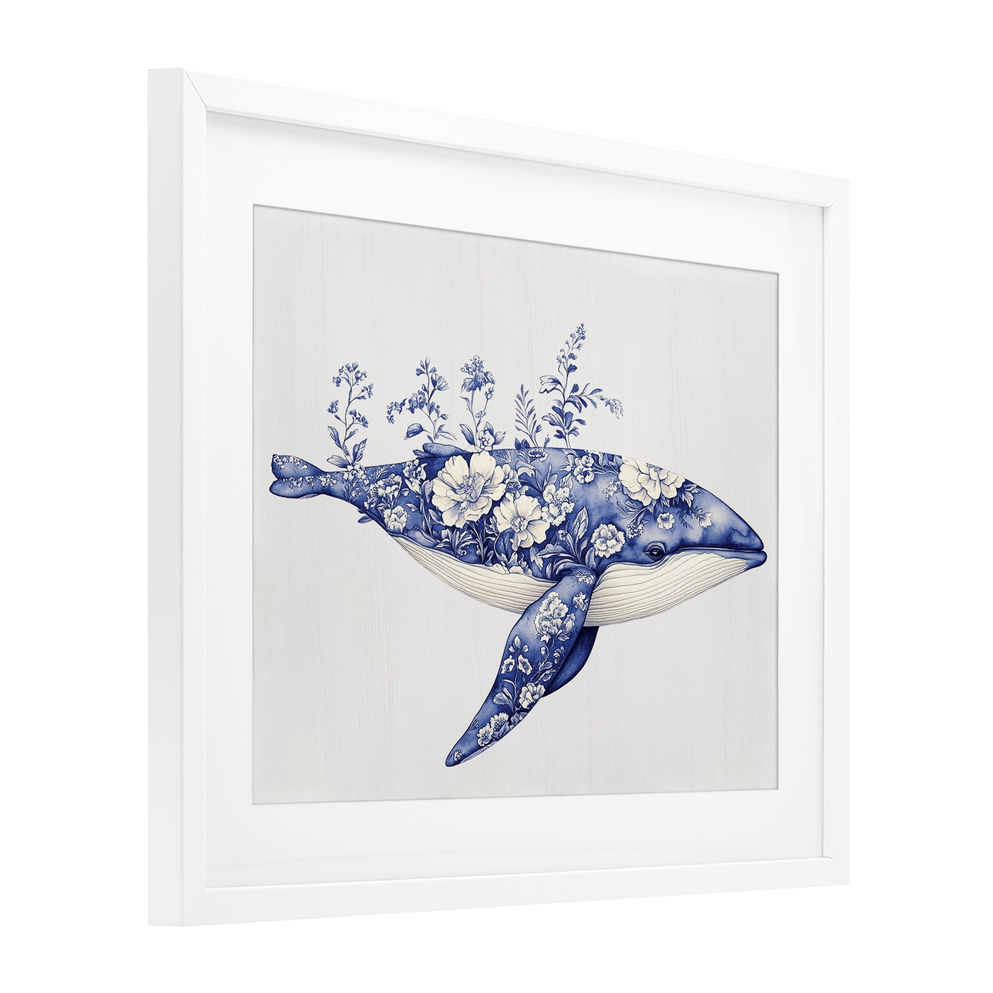 Blooming Toile Whale White Framed Print Under Glass, design by Lettered and Lined