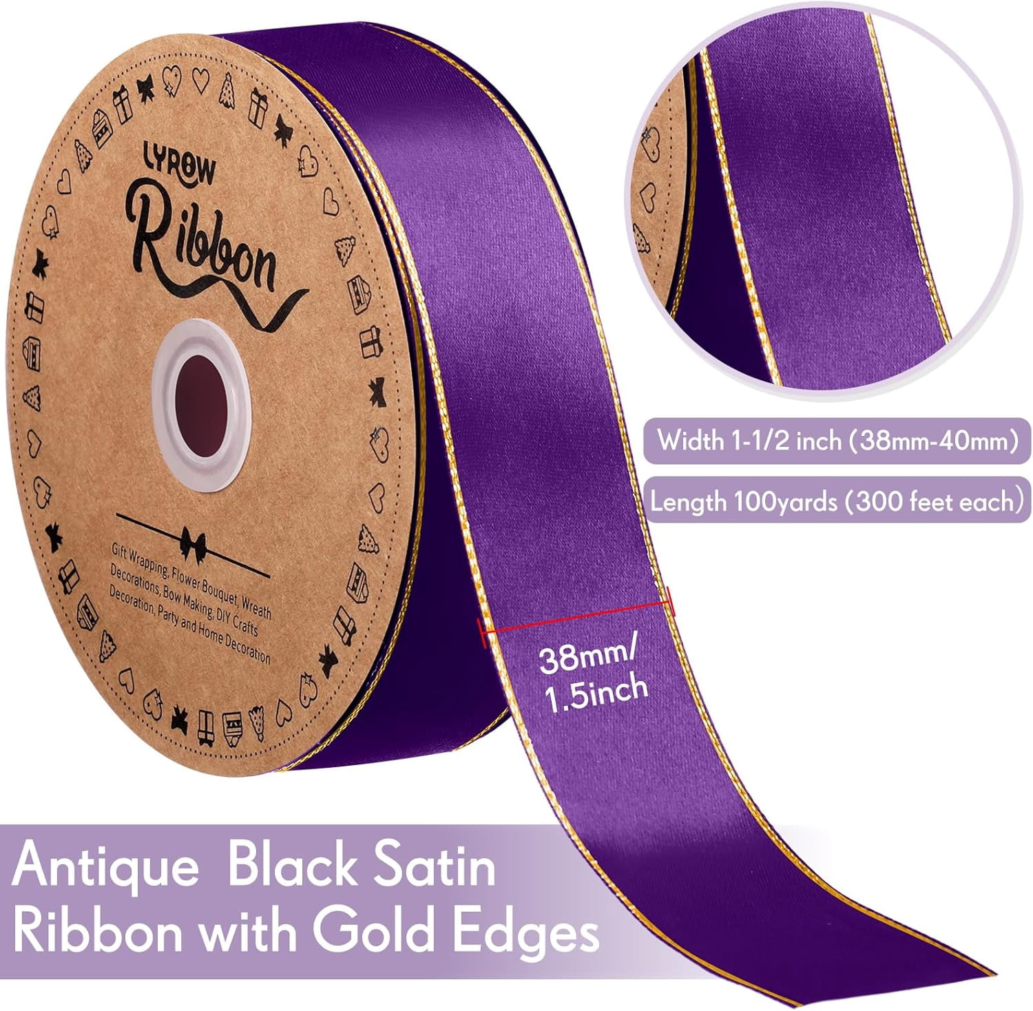 GYTY 50 Yards Red Satin Ribbon with Gold Edges 1.5 Inch Gold Border Fabric Ribbons Funeral Ribbon for Gift Wrapping DIY Crafts Wedding Shower Corsage Bible Decoration Bows Bouquet