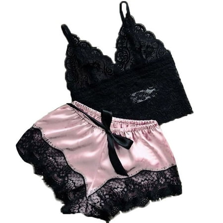

PWFE Women Sexy Bodysuit Lace Lingerie Sets Underwear 2Pcs V-Neck Vest Bra + Shorts Babydoll Sleepwear Pajamas