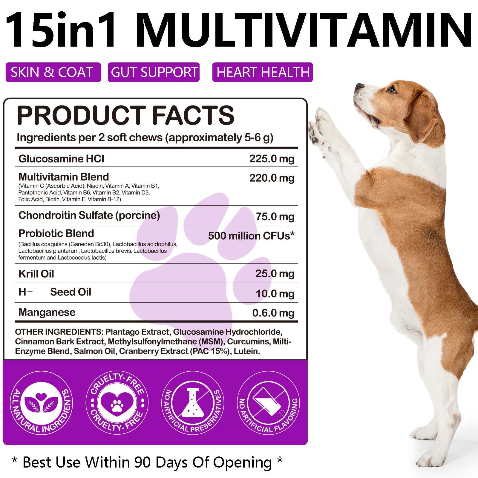 15-in-1 Dog Multivitamin Chews with Glucosamine & Probiotics,Daily Dog Health and Wellness Support, For Skin-Immunity-Gut Digestion-Joint-Heart,300 Counts,Duck Flavor