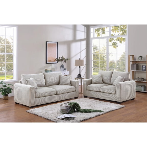 Modern Living Room 2pc Sofa Set Ivory Corduroy 77"x34"x35"H Sofa And 61"x34"x35"H Loveseat with Pillows and Square Arms