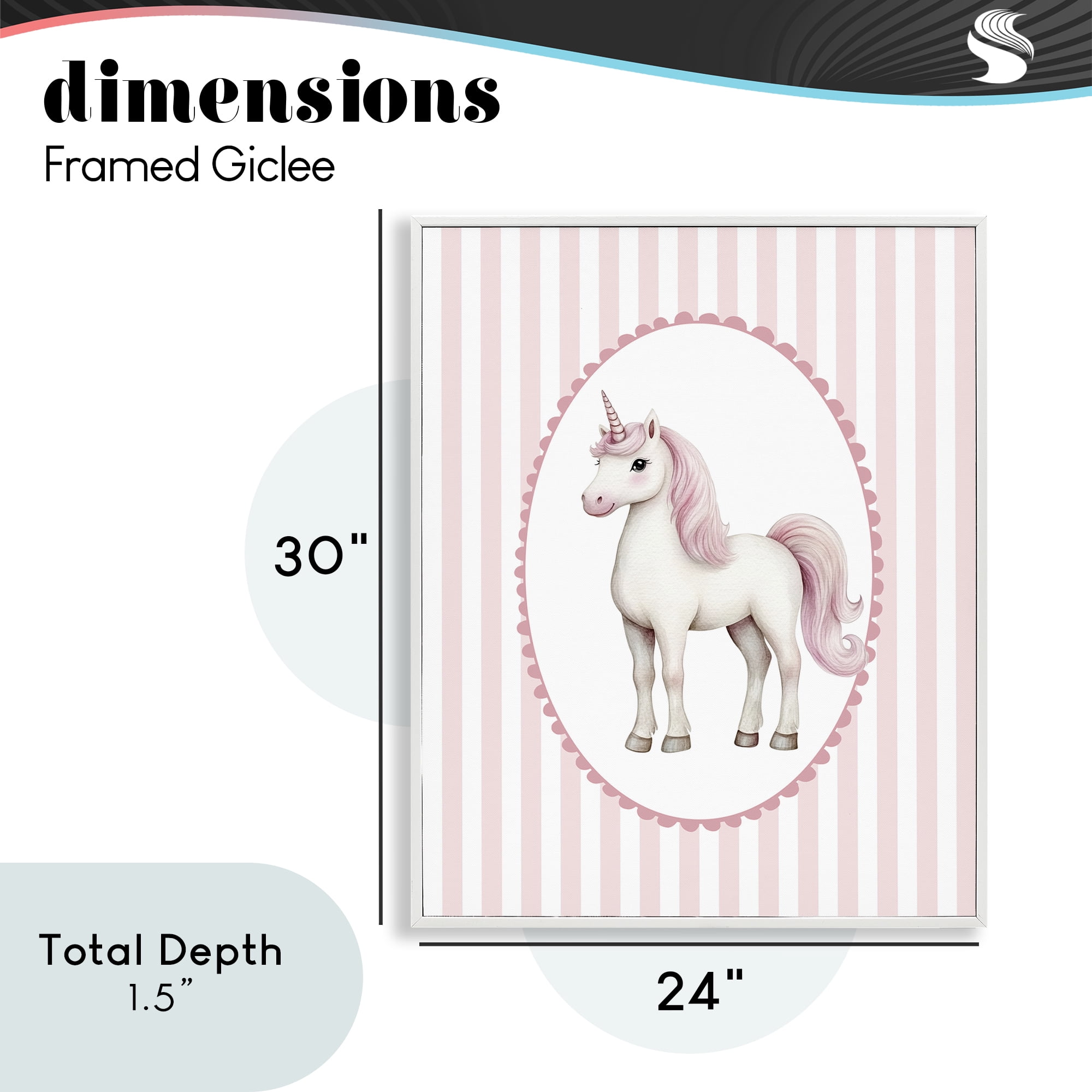 Gentle Unicorn on Pink Stripes White Framed Giclee Art, design by Christine Simpson Art