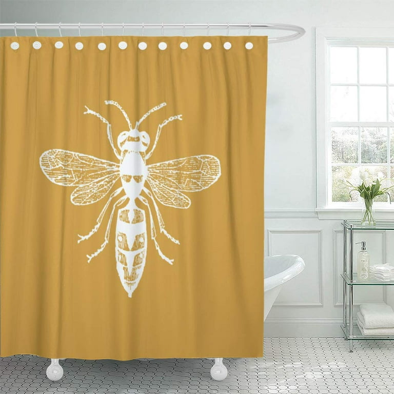 Cynlon Yellow White Bee Happy Inspirational Reversible Bathroom Decor Bath Shower Curtain 66x72 inch
