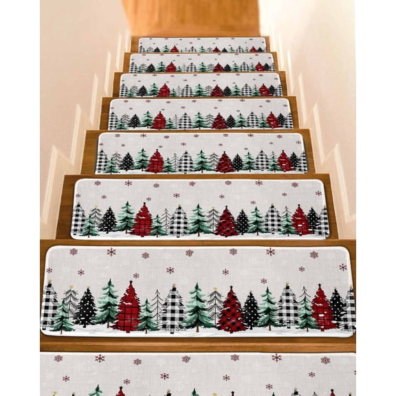Beige Christmas Tree Stair Treads for Wooden Steps Indoor Runner Rug Carpet, Xmas Trees Winter Snowflake Rustic 15 Pieces Peel and Stick Staircase Step Treads Covers Washable Throw Door Mats, 30"x8"
