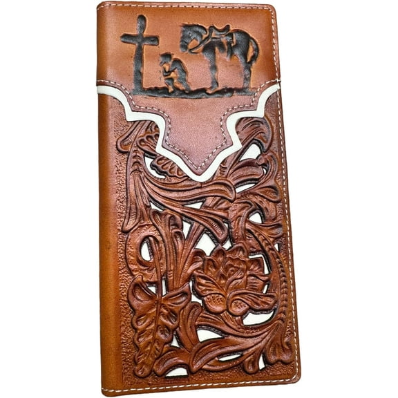 Western Stakes Mens Cowboy Praying Western Long Wallet Floral Cutout Layered Leather Soft Leather Checkbook Style Mens Wallets Leather Bull Rider Rodeo Gifts For Men (Brown & White)