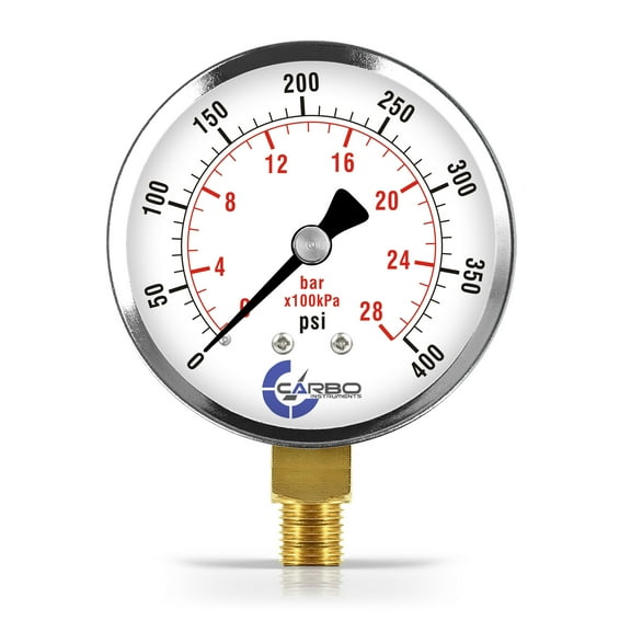 CARBO Instruments 2- 1/2" Pressure Gauge, Chrome Plated Steel Case, Dry, 0-400 psi/kPa, Lower Mount 1/4" NPT
