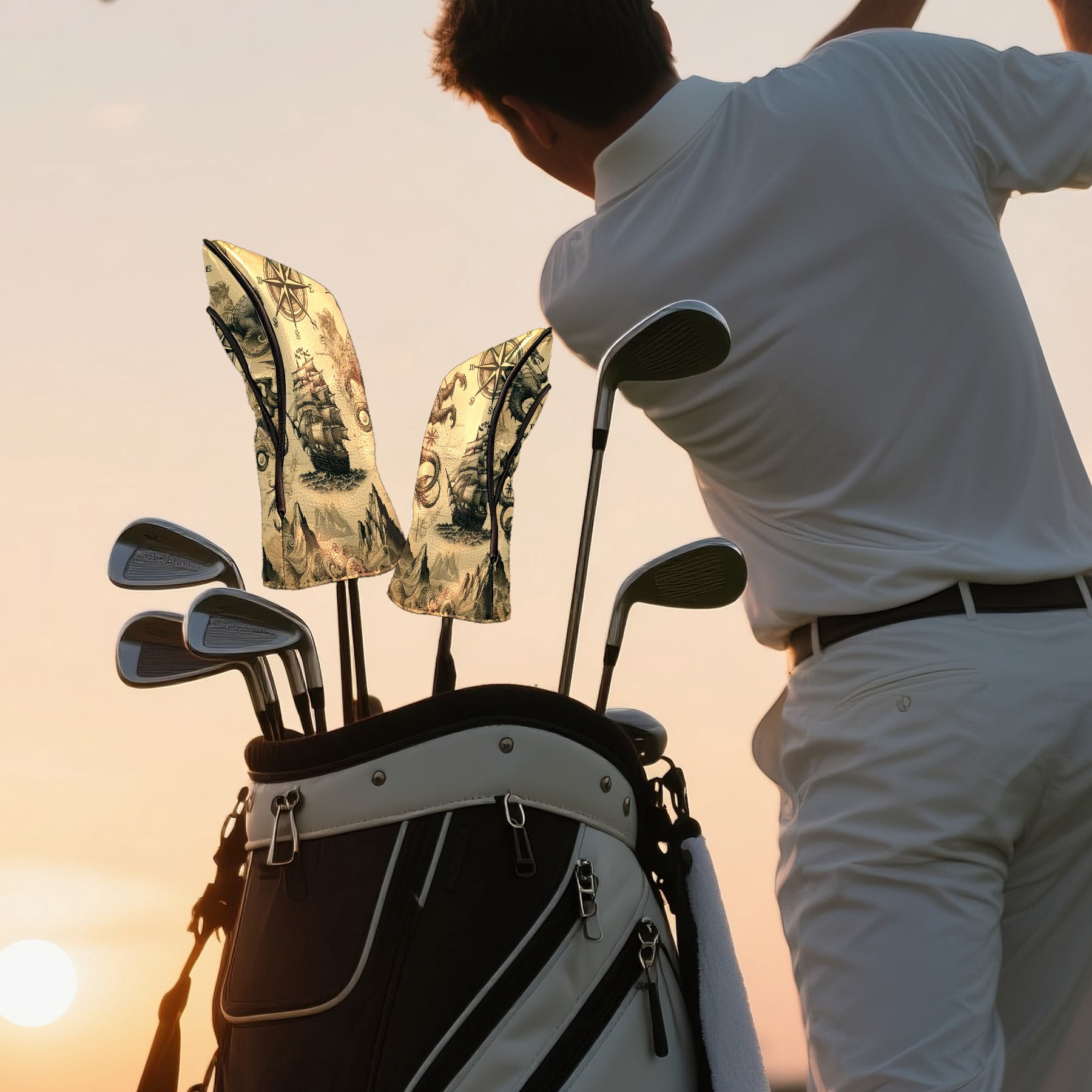 Golf Club Covers, Brown Sailing Beasts Premium PU Leather Driver Hybrid Putter Head Covers with Velvet Lining, Waterproof Golf Gifts for Men Women