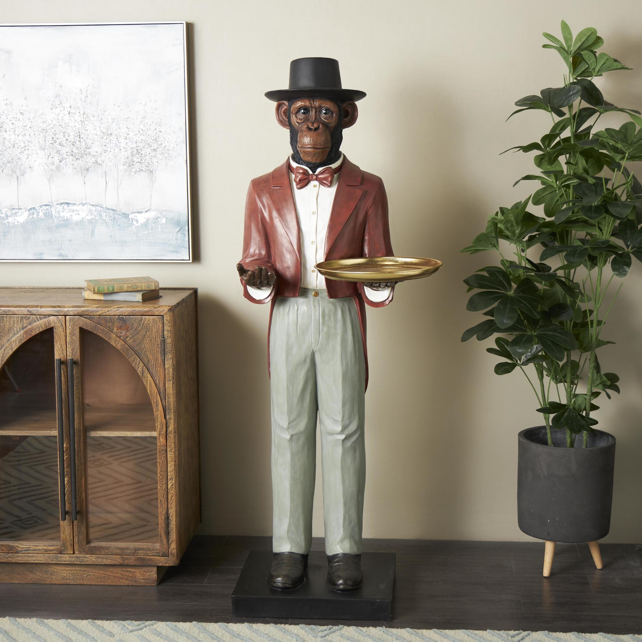 24" x 64" Red Resin Tall Waiter Monkey Sculpture with Gold Accent and Square Base, by DecMode