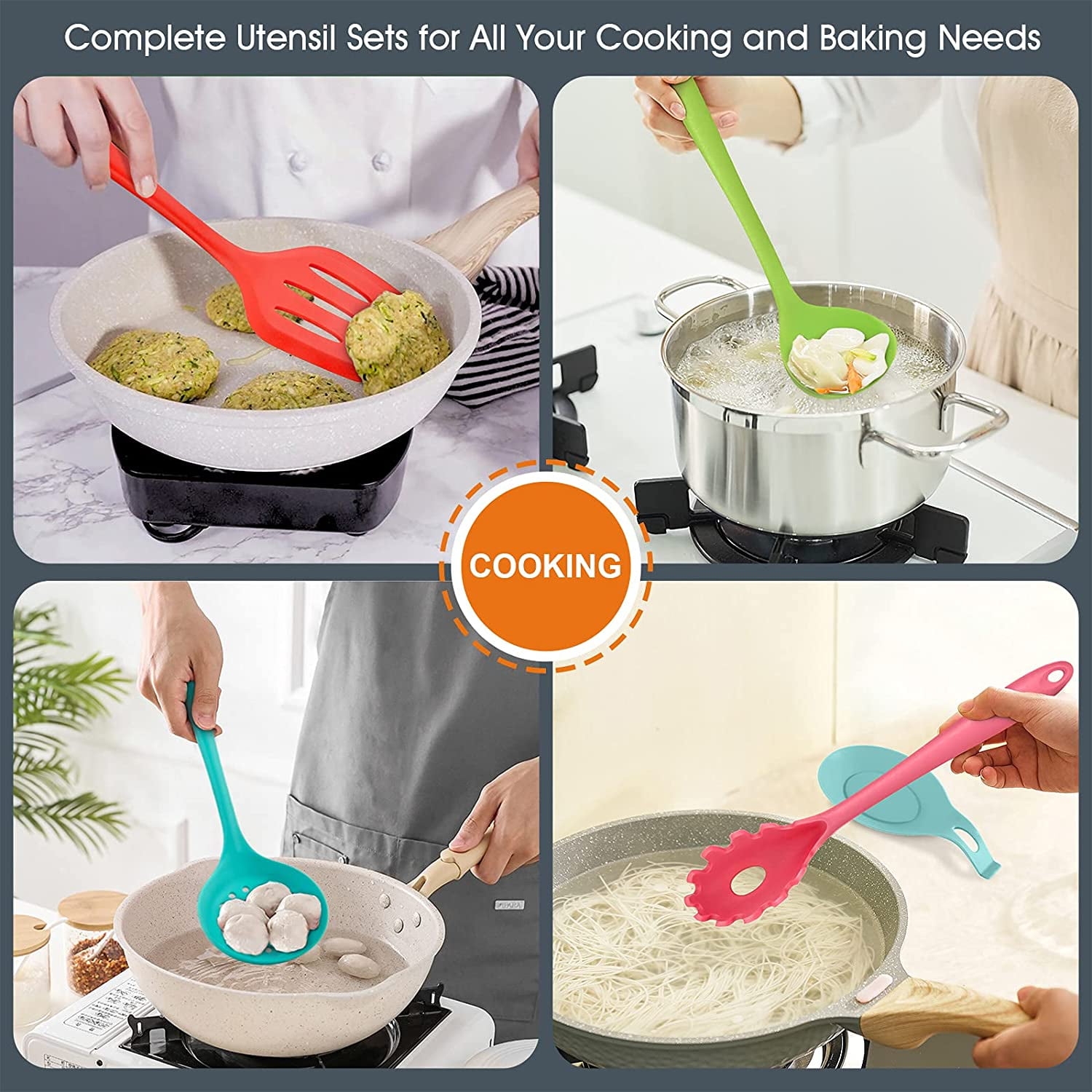 Vesteel 15 Piece Kitchen Utensils Set, Silicone Cooking Utensils with Holder, Non-Stick Cookware Friendly & Heat Resistant - Colorful
