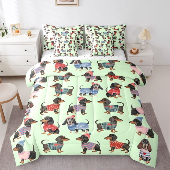 Homewish Kawaii Dachshund Dog 7-Piece Twin Bedding,Lovely Pet Bedding Comforter Set,Green,Reversible