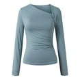 thumbnail image 4 of NINGMENG Womens Tops Solid Color Long Sleeve Slim Knit Asymmetrical Neckline Tops Pullover T Shirts Outwear,Blue,L, 4 of 7
