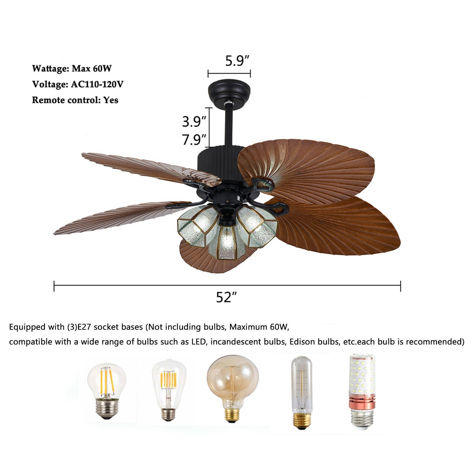 DUYIWAA 52'' 5 Blades Ceiling Fan with Light Tropical Palm Leaf Fan Chandelier Reversible Fan Light Remote Control