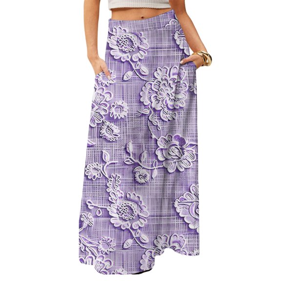 LWavelet Embossed Floral Maxi Skirt with Side Pockets Women Elegant Daily Casual Flowy Versatile Bottoms Purple 2XL