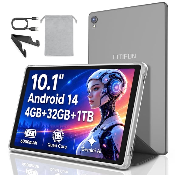FITIFUN 10.1 inch Tablet Android 14 Tablets with Case, 4GB RAM 32GB ROM 1TB Expand, Quad-core, HD Display, WiFi, Dual Camera, Gray