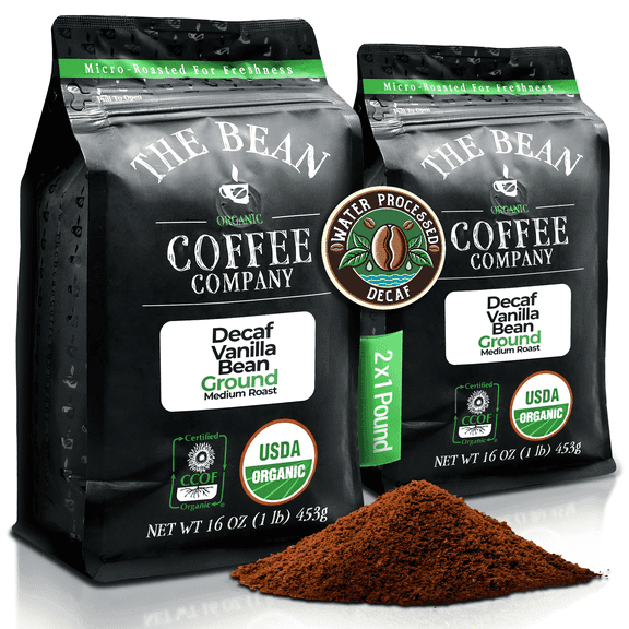 The Bean Organic Coffee Company Water Processed DECAF Vanilla Bean, Medium Roast, Ground Coffee, 16-Ounce Bags (Pack of 2)