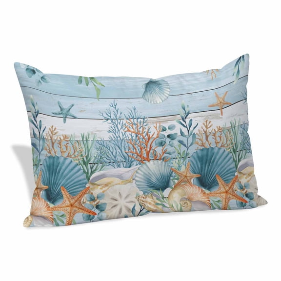 Blue Coastal Pillow Covers, Linen Long Throw Pillow Case, Summer Beach Starfish Shell Coral Nautical Holiday Pillow Protector Decorative Cushion Cover for Living Room/Bedroom 20" x 30"