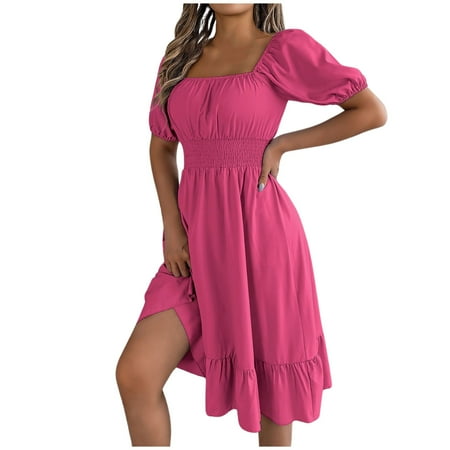 Blphud Womens Dresses Maxi Summer Dresses for Women 2024 Womens Long Summer Dresses Casual 2024 Spring Casual Square Neck Short Sleeve Waist Ruffled A Line Skirt Midi Dress Hot Pink L