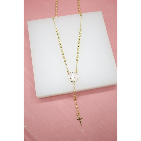 Catholic Gold Bead Rosary with Crucifix  Saint Benedict Charm (G191A)