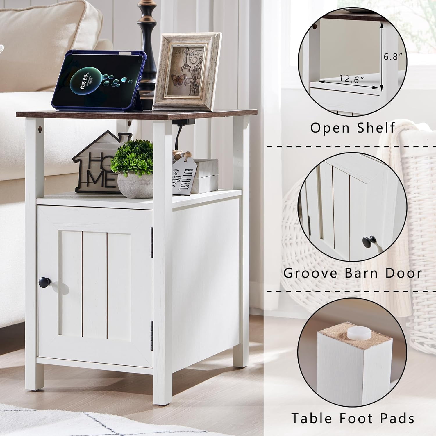 SinCiDo Farmhouse Nightstand Set of 2 with Charging Station, Barn Door & Open Shelves, White Wood