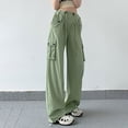 thumbnail image 2 of ManxiVoo Cargo Pants for Women, Women's Autumn/Summer Thin Wide Leg Ice Silk Loose Straight Pocket Strap Casual Pants Dickies Work Pants Green1 XL, 2 of 4