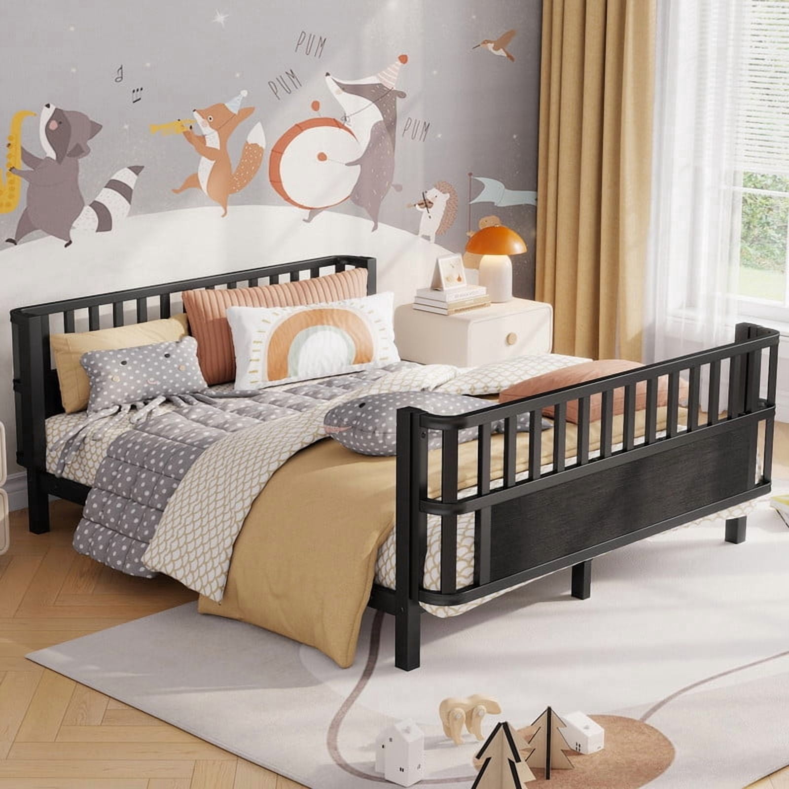 Mirightone Full Metal Platform Bed , Low Profile Twin Bed Frame with Removable Safety Rails, Montessori Metal Bed for Bedroom, No Box Spring Needed, Black
