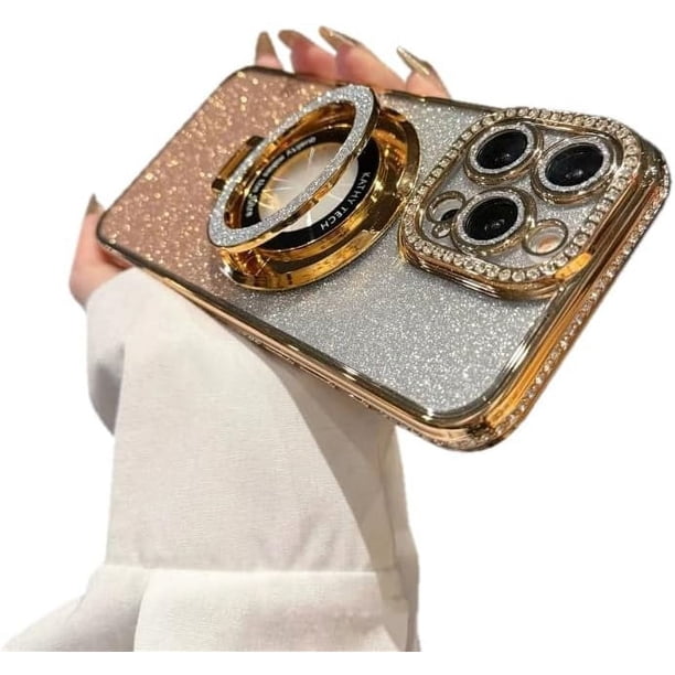 Funda para teléfono con purpurina brillante compatible con iPhone 12 Pro Max, protector de lente de cámara con soporte, funda suave con diamantes de imitación brillantes