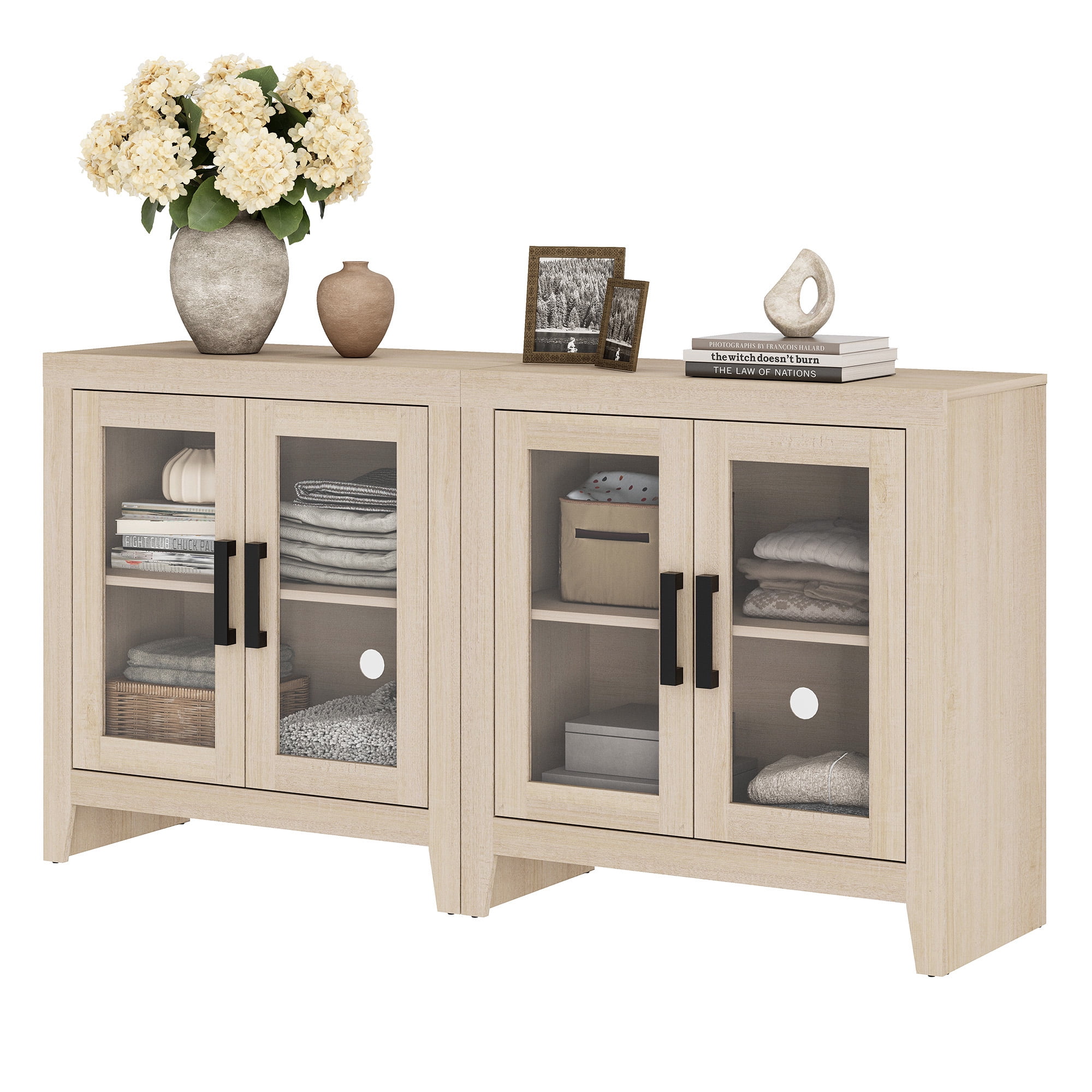 WAMPAT Modern Farmhouse TV Stand up to 70"TV, Entertainment Center with Tempered Glass Doors & Adjustable Shelves, Beige