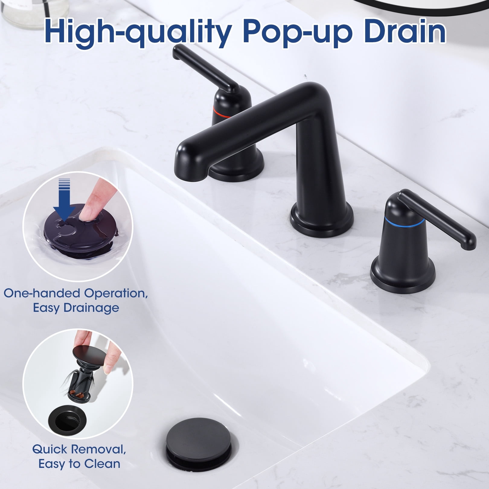 Wowkk 3 Hole Bathroom Faucet 2 Handle Widespread Bathroom Sink Faucet with Pop up Drain and Supply Lines, Brass Vanity Faucet for Rv Farmhouse Lavatory Restroom Sink, Matte Black