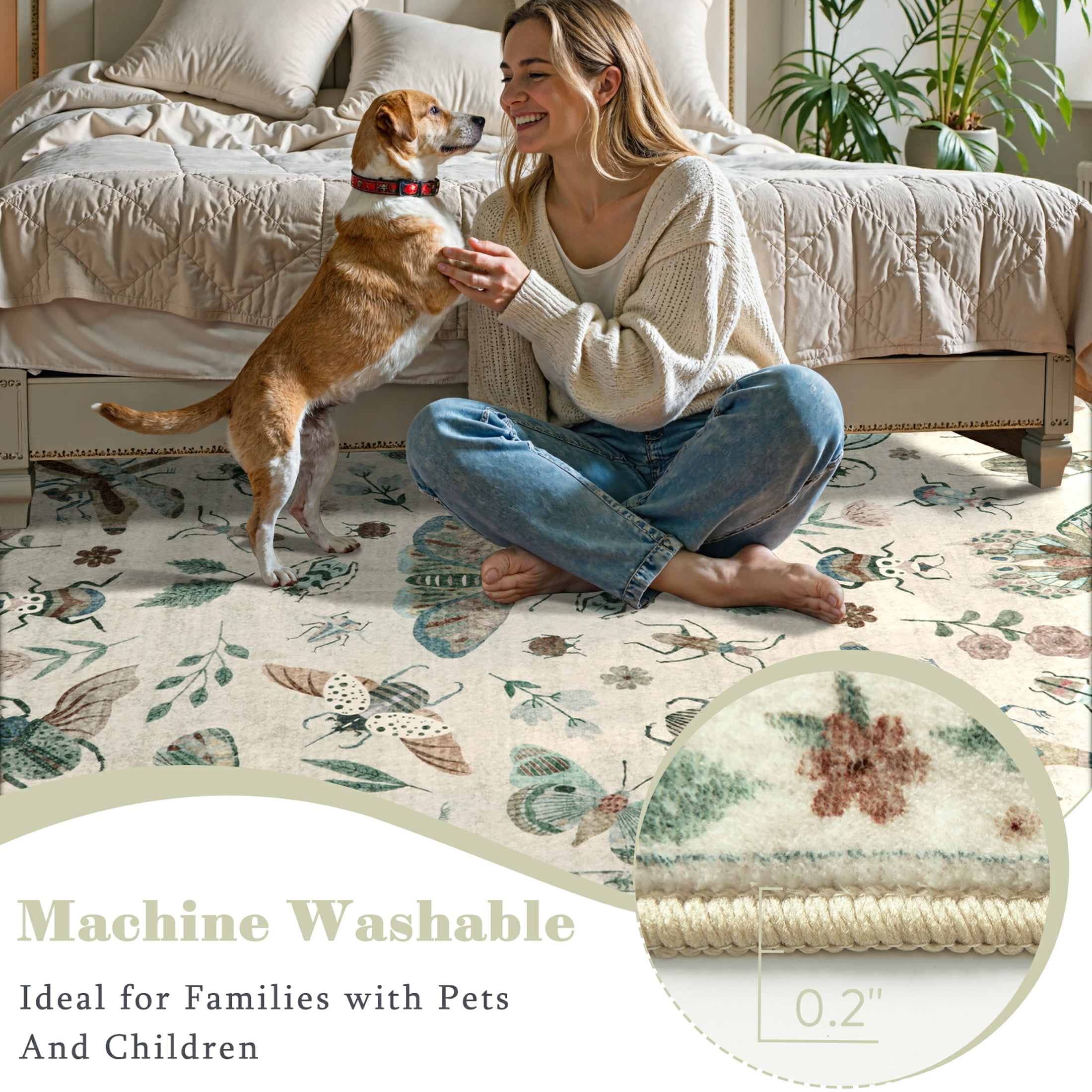 Moynesa Insect 5'x7' Area Rugs Washable Rug for Living Room Soft Natural Bedroom Rug Bug Accent Carpet for Dining Room Nursery Office Stain Resistant Non Slip, Beige