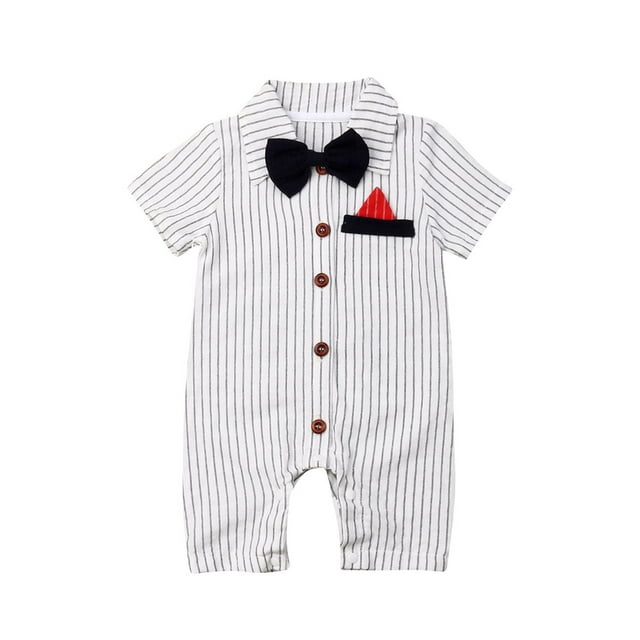 Newborn Baby Boy Gentleman Short Sleeve Button Down Bow Tie Striped Romper