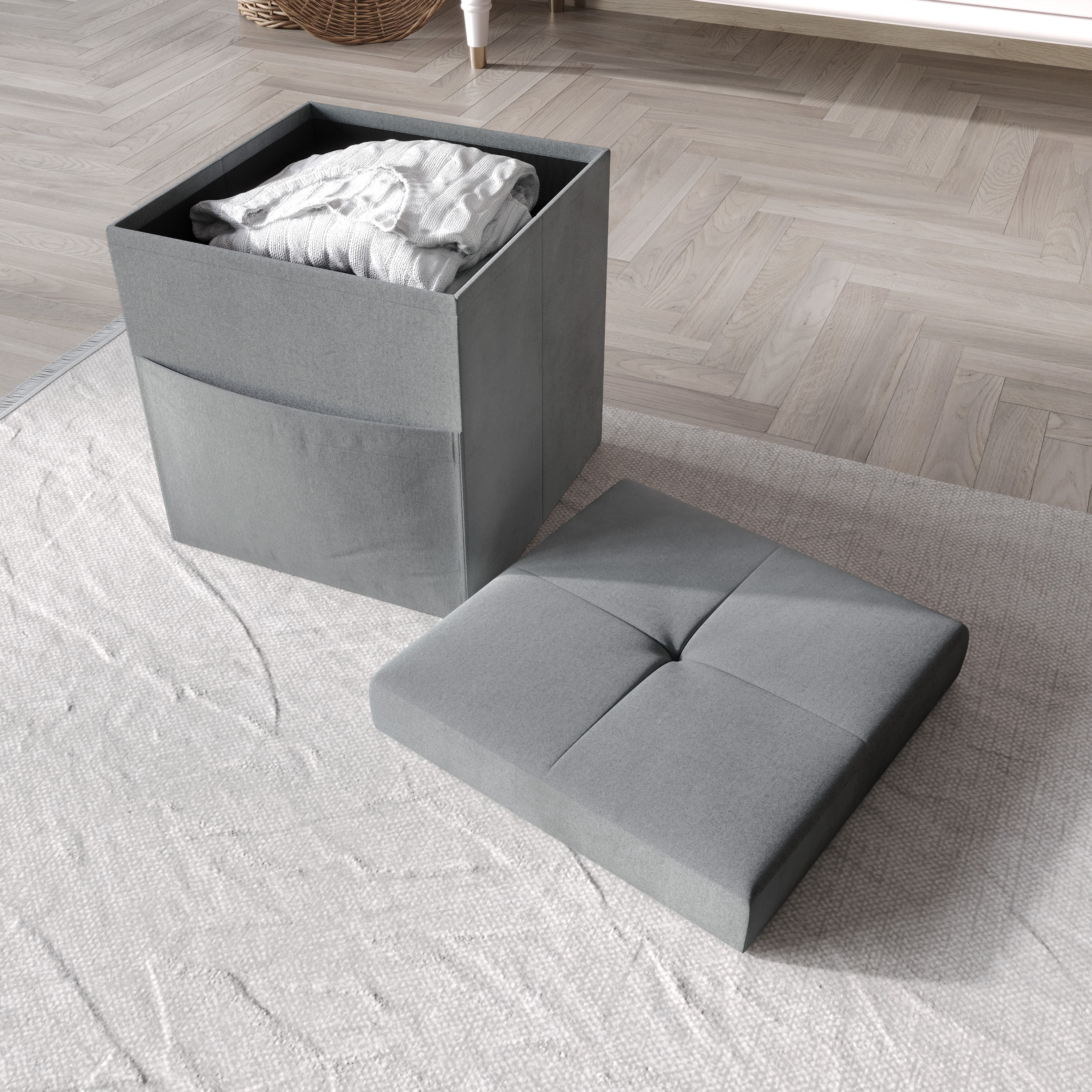 Home Design Chico 12" Tufted Upholstered Folding Storage Bench with Deep Cushion and Front Pocket, Multi-Purpose Rectangular Design for Bedroom, Entryway, or Living Room, Dark Gray