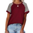 thumbnail image 1 of Femmes T-Shirt Couleur Bloc à Manches Courtes T-Shirt Manches Top Femmes Rondes T-Shirt Causal Col Chemisier Causal, Rouge Vin, XL, 1 of 6