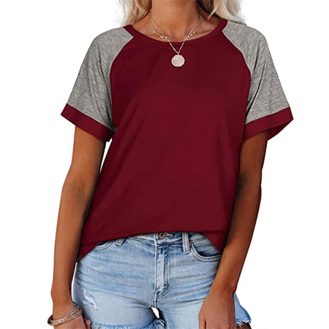 Femmes T-Shirt Couleur Bloc à Manches Courtes T-Shirt Manches Top Femmes Rondes T-Shirt Causal Col Chemisier Causal, Rouge Vin, XL